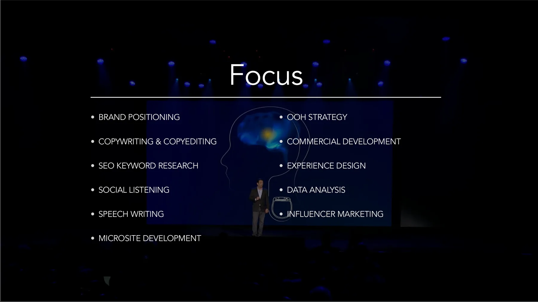 Abbott project focus slide listing brand positioning, copywriting, speech writing, microsite development, OOH strategy, experience design, and influencer marketing