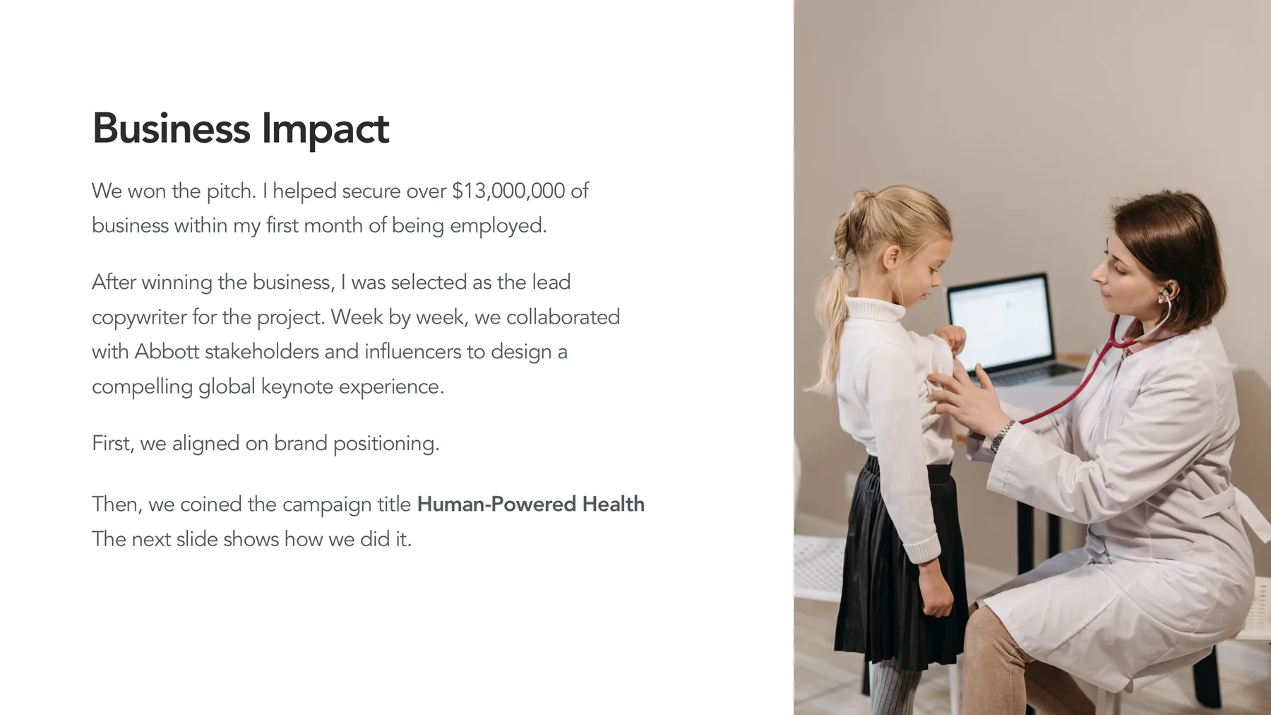 Abbott business impact slide about winning the pitch and coining Human-Powered Health