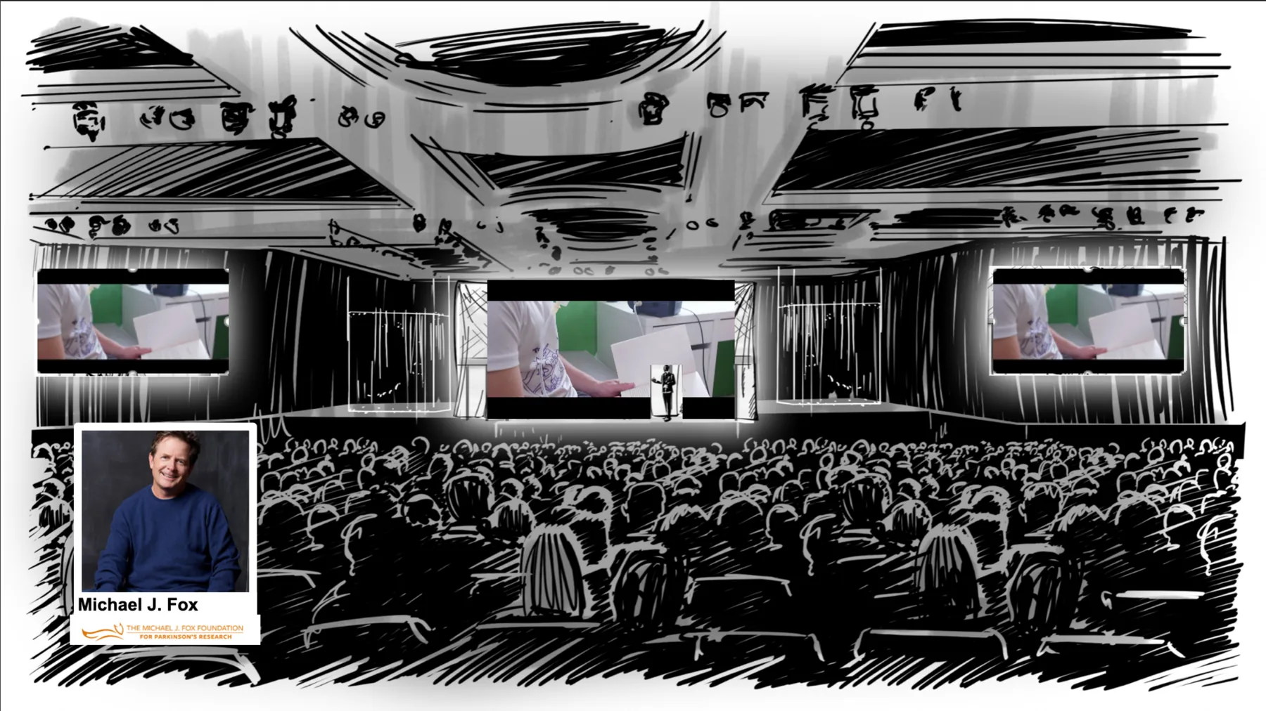 Abbott keynote stage sketch featuring Michael J. Fox foundation patient story