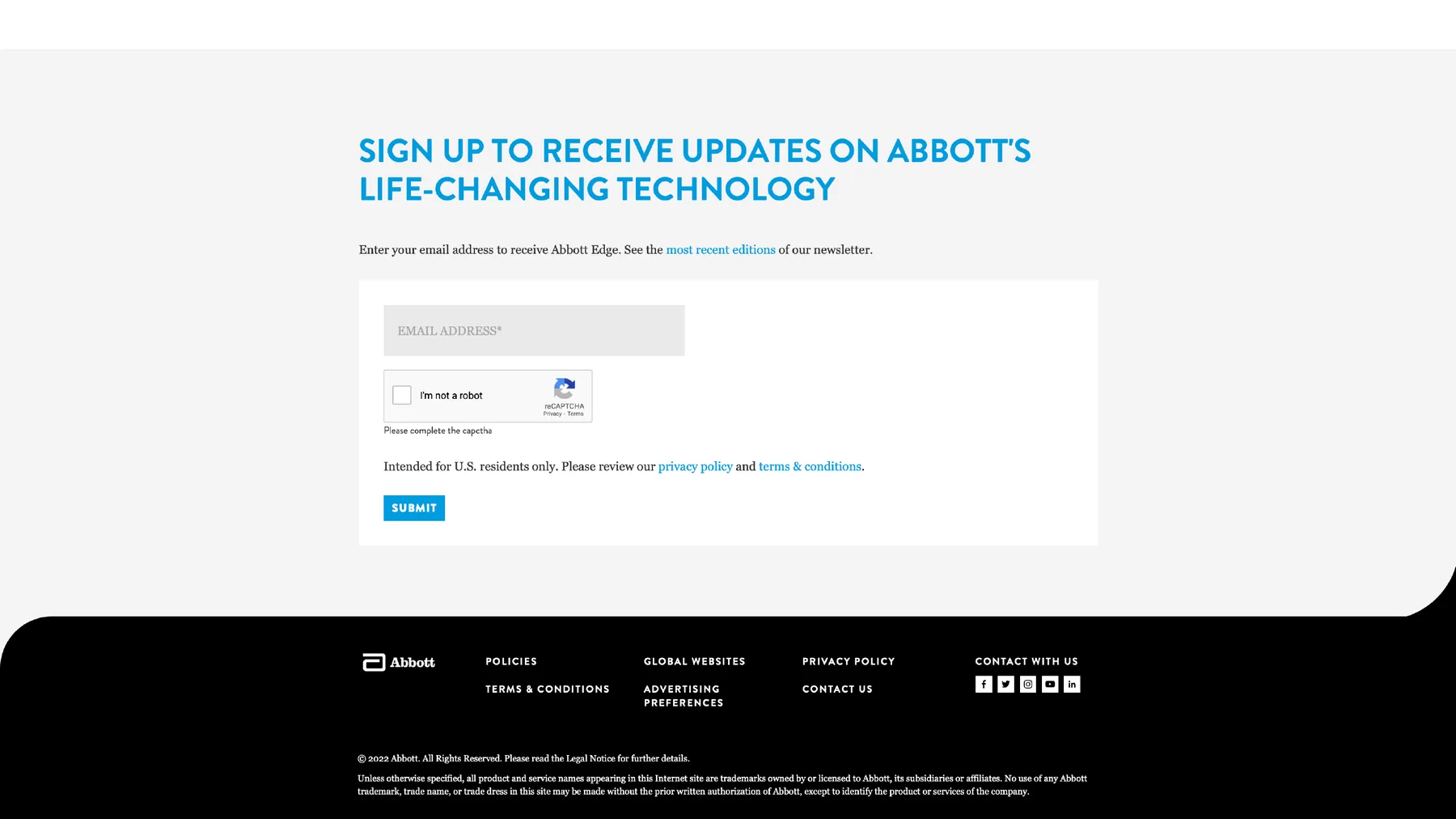 Abbott microsite sign-up form for updates on life-changing technology