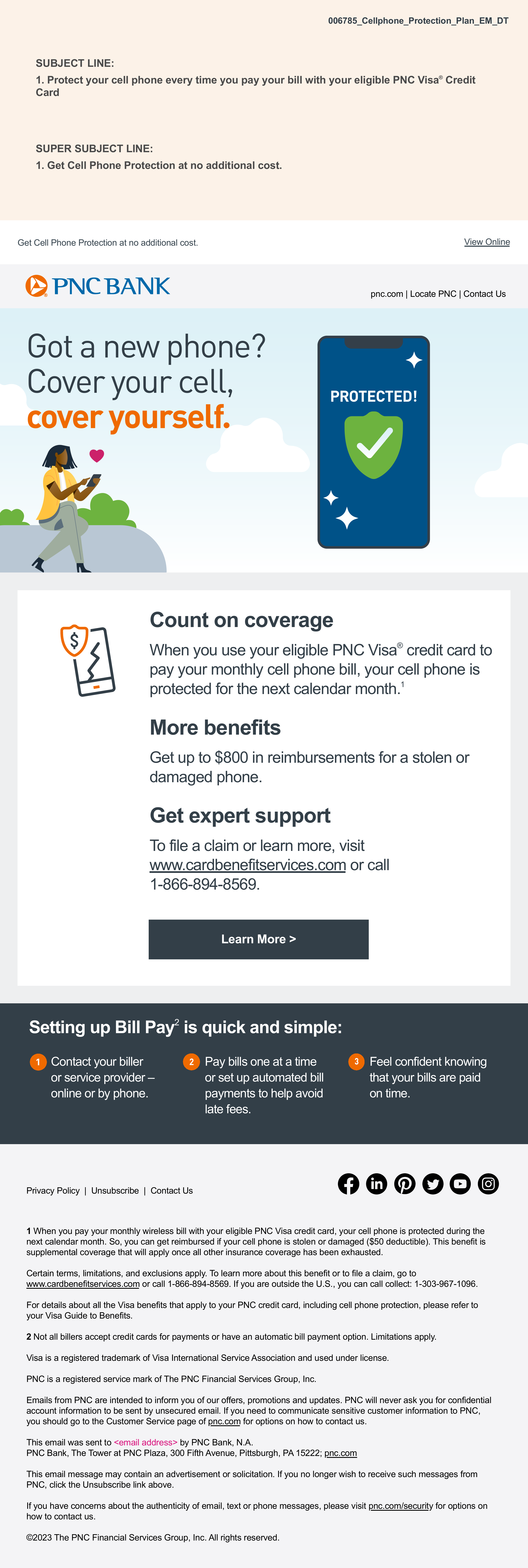 PNC Cellphone Protection Plan completed desktop email showing the protection benefit and bill-pay steps