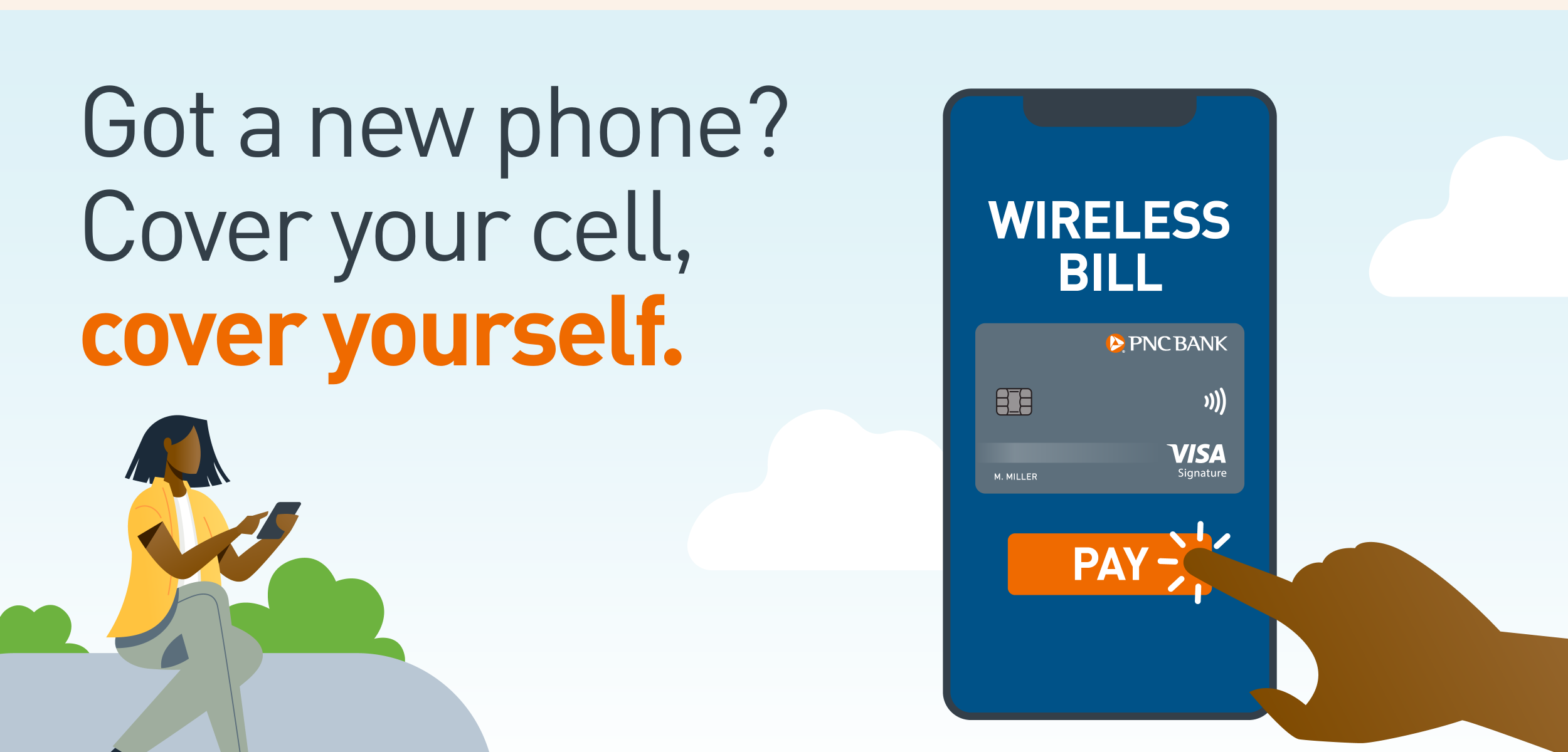 PNC Cellphone Protection Plan animation showing a customer paying a wireless bill with a PNC Visa card
